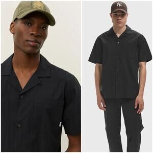 Les Deux Lukas Paper Cotton Short Sleeve Shirt in Black Size Medium